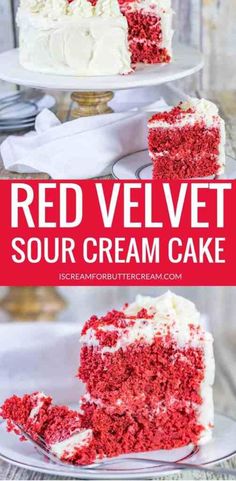 red velvet sour cream cake with white frosting