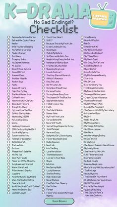 the k - drama checklist is shown in purple and blue with clouds behind it