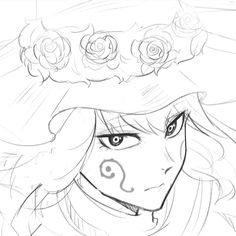 a drawing of a girl wearing a hat with roses on her head and eyes closed