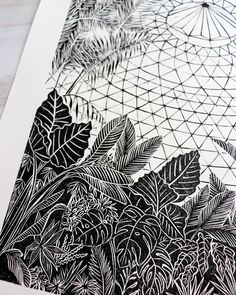 a black and white drawing of leaves on a piece of paper with geometric lines in the background