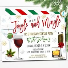 Jingle and Mingle Christmas Cocktail Party Invitation, Adult Happy Hour Holiday Party Invite, Work Company Staff Party DIY Editable Template Holiday Cocktails Christmas, Jingle And Mingle, Cocktail Party Invitation, Staff Party, The Jacksons