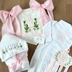 pink and white personalized baby gift set with embroidered name, bow tie, diaper cover