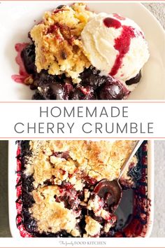 homemade cherry crumble ice cream in a white dish with a scoop of ice cream on top