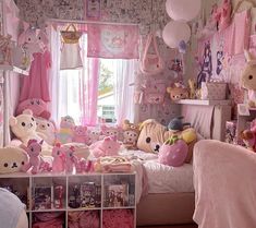 a room filled with lots of teddy bears and other stuff animals on the wall next to a window