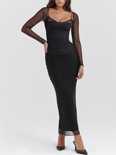 Black Backless Bodycon Suspender Maxi Dress Stylish Maxi Dress, Solid Midi Dress, Maxi Dress For Women, Buy List, Sheer Long Sleeve