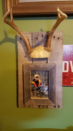 a deer's antlers head mounted to a wooden frame on a green wall