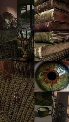 a collage of photos with books and an eye