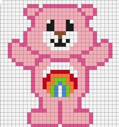 a cross stitch pattern with a pink bear holding a rainbow