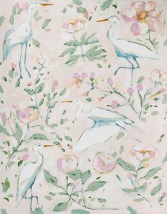 a painting of birds and flowers on a pink background