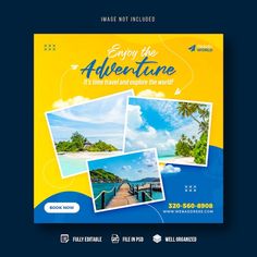 a flyer for an adventure company with photos and the words enjoy the adventure on it