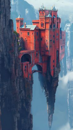 a castle built into the side of a cliff with a bridge over it and mountains in the background