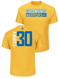 a yellow shirt with the number thirty on it and blue lettering that reads golden state warriors