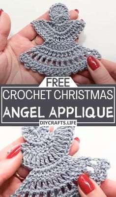 the crochet christmas angel applique is being held up by two hands