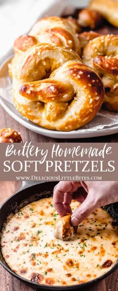 homemade soft pretzels in a skillet being dipped with melted cheese