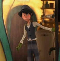 the animated character is wearing a hat and green gloves