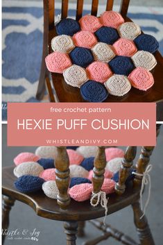 a crocheted hexie puff cushion sitting on top of a wooden rocking chair