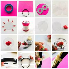 many different types of crafting supplies are arranged in this collage with pink and white colors