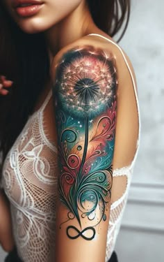 a beautiful woman with a colorful tattoo on her arm and shoulder holding a dandelion