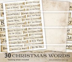 christmas words are displayed on old paper