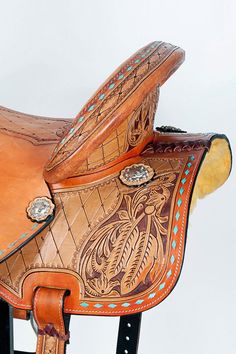 a close up of a horse saddle on a white background with no people around it