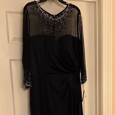 Gorgeous Evening Gown. Has Sheer Neckline With Sequins As Well As Sheer Sleeves. Built In Bra. Gathering On One Side Really Gives It A Nice Fit And Look. Nwt. Never Worn. Dark Navy. Black 3/4 Sleeve Tops For Evening, Full Length Black Dress, Black Floor Length Dress, Mock Dress, Satin Formal Dress, Beaded Evening Gowns, Sleeveless Lace Dress, Black Dress Formal, Black Tank Dress