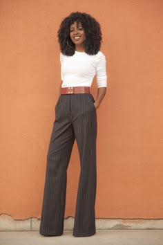 Long Sleeve Tee + Pinstriped Highwaist Wideleg Trousers Wide Legged Pants, Style Pantry, Mode Casual, Professional Attire, Professional Outfits, Business Attire, Flared Jeans, Feminine Energy, Work Attire