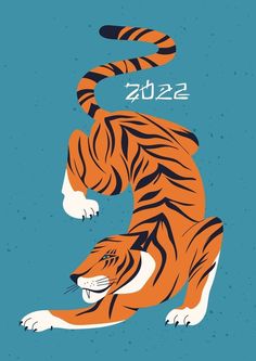 an orange tiger sitting on top of a blue background with the words 2012 written above it