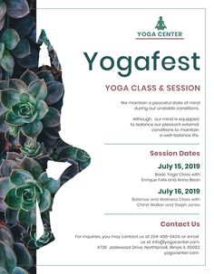 a yoga class flyer with succulents and the words yogafest on it