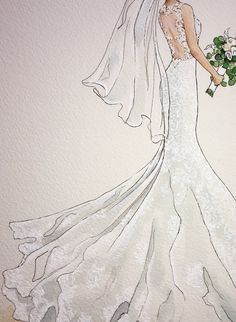 a drawing of a woman in a wedding dress and veil holding a bouquet of flowers