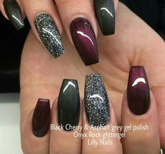 Gray And Maroon Nails, Dark Grey Nails Ideas, Maroon And Black Nails Design, Scarlet And Gray Nails, Hadestown Nails, Pretty Dark Nails, Trendy Fall Nail Designs 2023, Charcoal Nail Designs, Wiccan Nail Designs