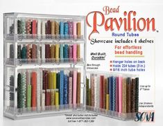 an advertisement for bead pavilion featuring several rows of beads in clear plastic cases with the words bead pavilion below them