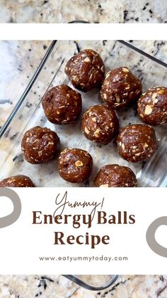 chocolate energy balls in a glass dish with text overlay