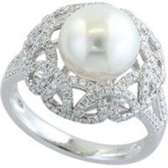 14K White Gold EFFY South Sea Pearl and Diamond Ring - 0.55 Carat Total Diamond Weight Elegant White Gold Diamond Pearl Ring, Elegant Pearl Ring With Diamond Center Stone, Elegant Evening Rings With Center Stone, Exquisite White Gold Pearl Ring With Diamond Accents, Luxury Brilliant Cut Pearl Ring For Formal Occasions, Luxury Pearl Ring With Brilliant Cut For Formal Occasions, Luxury Diamond Ring With Elegant Design, Elegant Diamond White Pearl Wedding Ring, Elegant Evening Diamond Ring With Center Stone