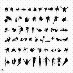 the silhouettes of people and animals are shown in various poses, with one person doing different