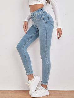 High Waist Slant Pocket Skinny Black Jeans Light Wash Casual   Denim Plain Skinny High Stretch  Women Clothing, size features are:Bust: ,Length: ,Sleeve Length: Flare Denim Jeans, Elegant Dresses Long, Women Denim Jeans, Light Wash Denim, Casual Denim, High Jeans, Slim Fit Jeans, Fashion Online Shop, Boho Outfits