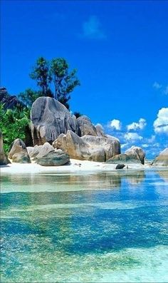 the water is crystal blue and clear with some rocks in it's foreground