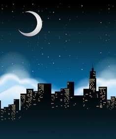 night cityscape with moon and stars in the sky