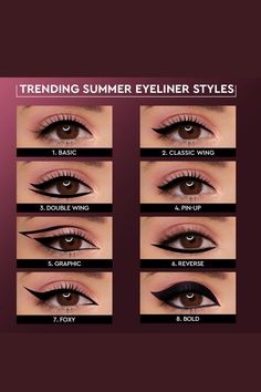 Eyeliner Styles Pictures, Eye Makeup Products List, Eyeliner Different Colors, Different Color Eyeliner, Perfect Eyeliner For Eye Shape, Different Styles Of Eyeliner, Styles Of Eyeliner, Cute Eyeliner Styles, Eyeshadow And Eyeliner Looks