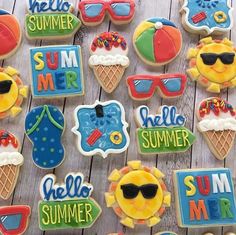 decorated cookies with the words hello summer and sun glasses on them are laid out next to each other