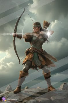 a digital painting of a woman with a bow and arrow in her hands, standing on top of a rock