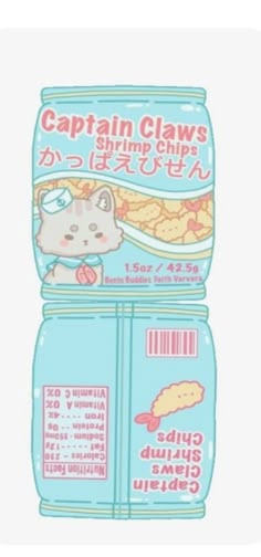 a sticker with an image of a cat on it's back and the caption captain claws shrimp chips