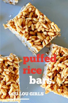 four squares of rice krispy treats with text overlay that reads, puffed rice bars