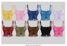 six different colored bras with straps on each side and the same bra in various colors