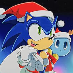 sonic the hedgehog and santa hat on top of each other in front of a night sky