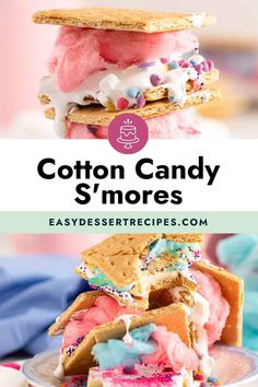 cotton candy s'mores stacked on top of each other with text overlay