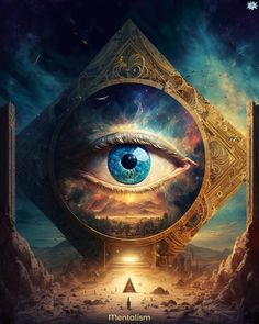 an eye in the center of a pyramid surrounded by mountains and clouds, with stars above it