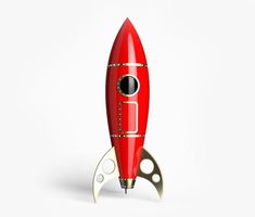 a red and silver rocket ship on white background