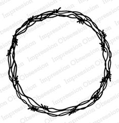 a round frame with barbed wire around it, in black ink on a white background