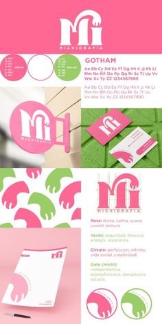 some pink and green business cards with the letter m on them