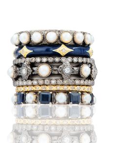 Grey Sterling Silver Stack Band Ring with Blue Sapphires and White Freshwater, Cultured Pearls. Dimensions: Band Width: 0.14" (3.5mm) Triple Band Ring, Wrap Bangles, Turquoise Drop Earrings, Mixed Metal Jewelry, Ring Stack, Turquoise Rings, Champagne Diamond, Drop Necklace, Blue Rings